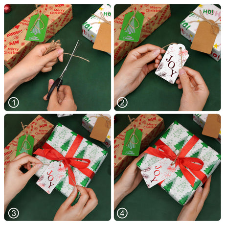 48 pcs Christmas Gift Tags for Presents, Elegant Kraft Name Tags with String for Holiday Personalizing Gift Wrapping(Red Joy, Green Christmas Tree) Luckonway