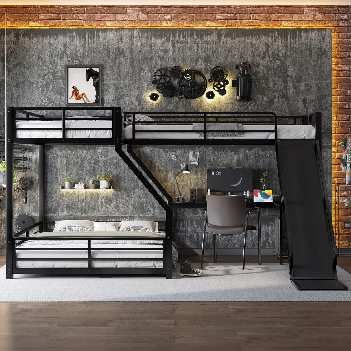 Triple Bunk Beds, L-Shape Twin XL Over Queen Bunk Bed Attached a Loft Bed with Desk, Triple Bunk Bed with Slide and USB Ports, Metal Corner Bunkbed Frame for Three Kids Boys Girls Teens, Metal Black Bellemave
