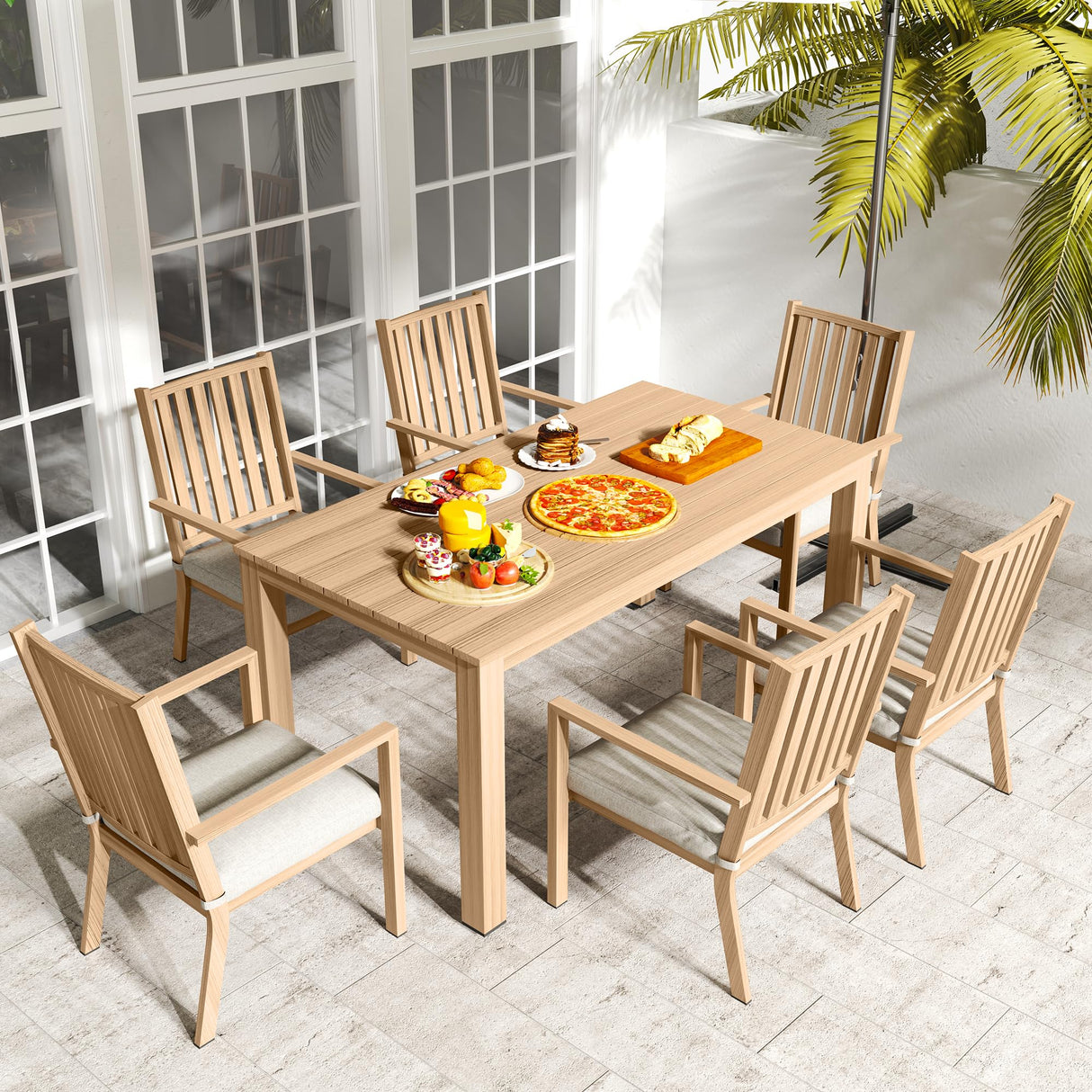 RoyalCraft Aluminum 7 Pieces Patio Dining Sets, Outdoor Dining Table with 6 Chairs, Outdoor Patio Dining Furniture Set with Removable Cushion for Lawn, Garden, Backyard, Brown RoyalCraft