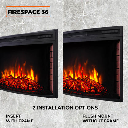 FIREBLAZE Firespace 36” Curved Glass Electric Fireplace Insert, 36 inch Wide Recessed, Infrared Quartz Heater with Crackling Sound, Remote Control, Timer and overheating Protection