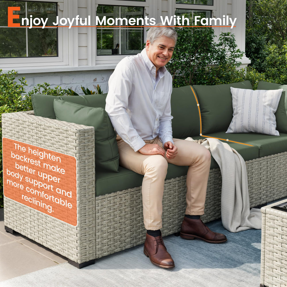 VONZOY Patio Furniture Set, 7-Piece Outdoor Sectional All-Weather Wicker Patio Conversation Set for Backyard (Green Cushions with Grey Rattan) VONZOY