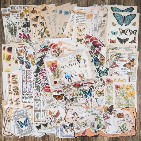 Knaid Vintage Scrapbook Supplies Pack (200 Pieces) for Junk Journal Bullet Journals Planners Botanical Paper Stickers Craft Kits Aesthetic Cottagecore Collage Album (Nature) Knaid