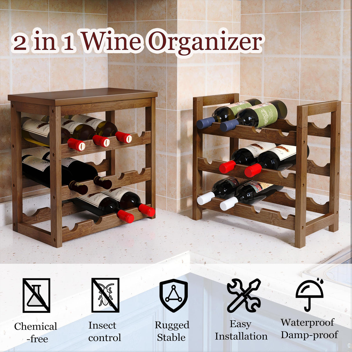 STELLSTAR 24-Bottle Wine Rack, 6 Tier Bamboo Wine Display Storage Shelves with Tabletop, Floor Freestanding Wine Bottle Holder with Wobble-Free Shelves, Walnut STELLSTAR