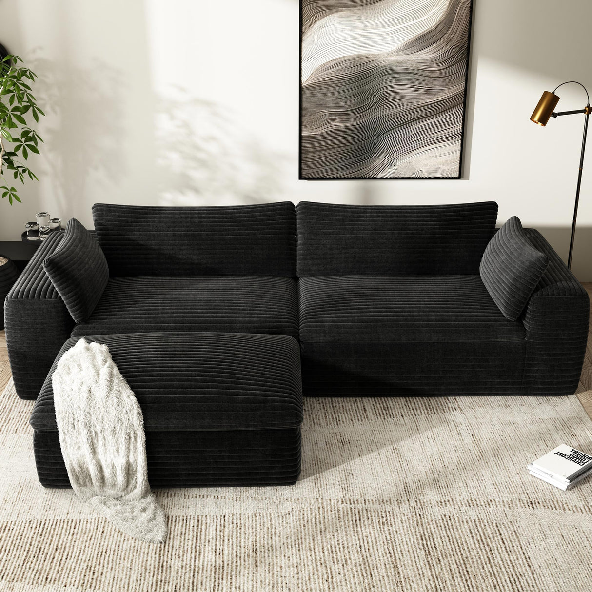 Yomsum 110'' Black Sectional Couches for Living Room with Double Layer, Oversized 4 Seater Boneless L Shaped Cloud Couch Plush Corduroy Sofa, No Assembly Modular Sectional Sofa Bed with Ottoman Yomsum