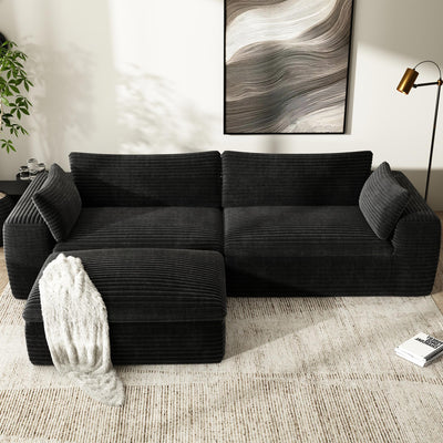 Yomsum 110'' Black Sectional Couches for Living Room with Double Layer, Oversized 4 Seater Boneless L Shaped Cloud Couch Plush Corduroy Sofa, No Assembly Modular Sectional Sofa Bed with Ottoman