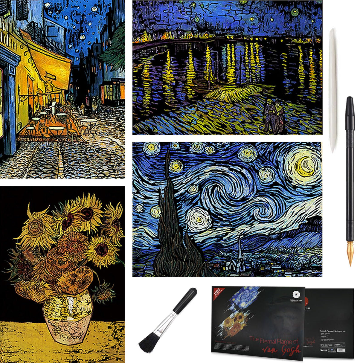Scratch Art Rainbow Painting Paper, 4 Pcs Vincent Van Gogh Engraving Art & Craft Set, DIY Sketch Card Scratchboard for Kids & Adults, Cafe Terrace at Night, Sunflowers, Starry Night Over the Rhone(VG) VTEAS
