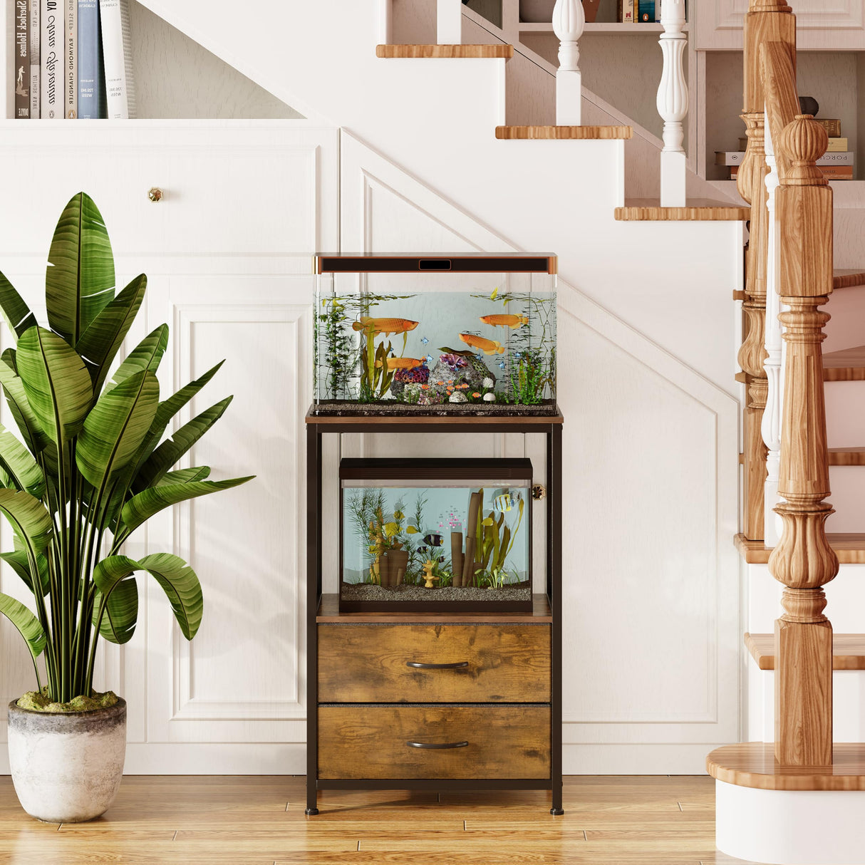 Welfuturer 10 Gallon Aquarium Stand with 2-Tier Shelf Fish Tanks Stand with 2 Drawers Metal Frame Heavy Duty Reptile TurtleTank Stand with Storage for Home Offic Fish Tank Accessories Storage, Brown Welfuturer