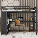 Metal Queen Size Loft Bed with Desk and Wardrobe,Heavy Duty Loft Bed Frame with Storage Shelves for Kids,Teens,Adults, Space Saving,Black Bellemave