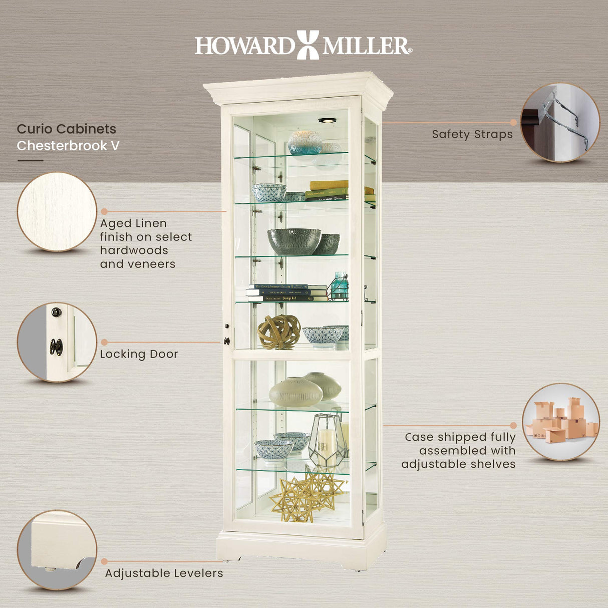 Howard Miller Chesterbrook V Curio Cabinet – Lighted White Wooden Display Cabinet with Wire Brushed Finish Eight Level Showcase Adjustable Glass Shelves Beveled Glass Quality Home Decor Howard Miller