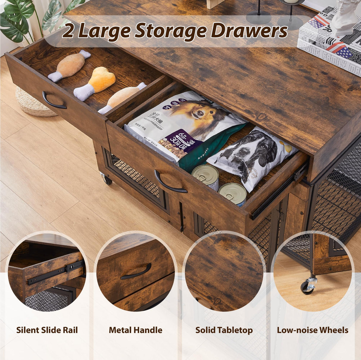 43" Large Dog Crate Furniture, Wood Dog Kennel End Table with Drawers, Decorative Pet Crate with Removable Partitions & Wheels, Dog House Indoor for Large/Medium/Small Dogs Sunnibety