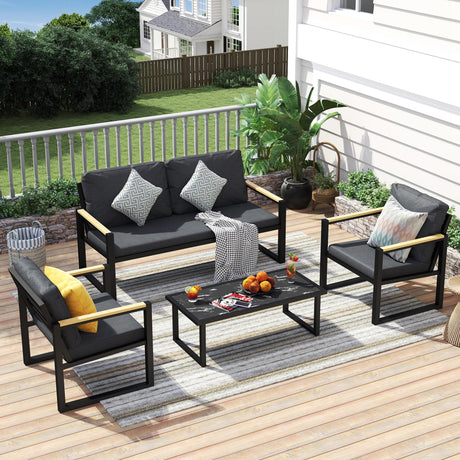 Raysfung Aluminum Patio Furniture Set, 4 Pieces Patio Furniture with Coffee Table Set, Outdoor Modern Patio Conversation Sets with Removable Cushions Raysfung