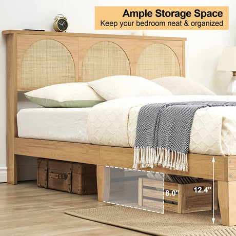 Amyove 12.4 Inch Deluxe Solid Wood Queen Bed Frame with Rattan Headboard and LED Lights Amyove