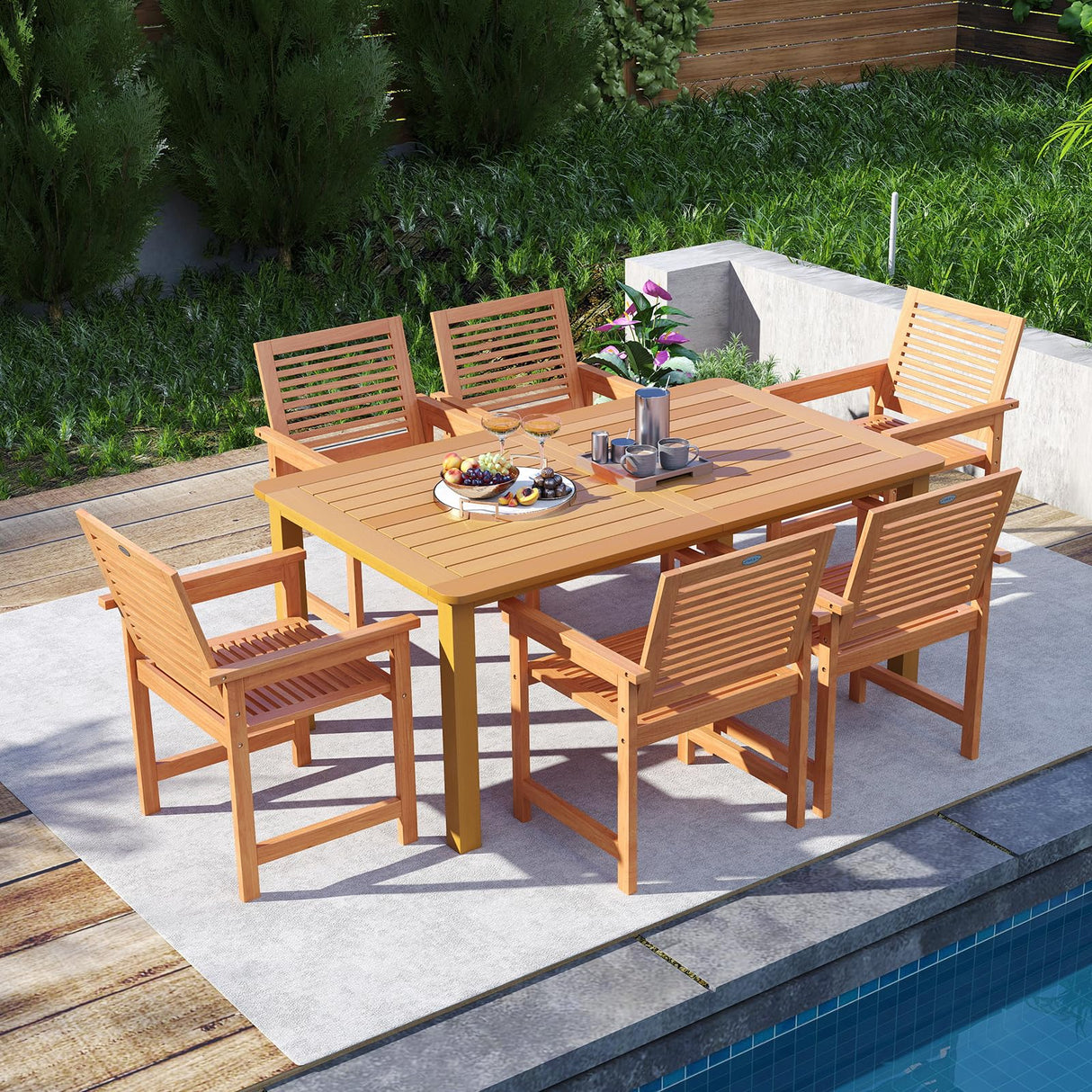 Tangkula 7-Piece Patio Wood Dining Table Set, Outdoor Rectangular Table and 6 Armchairs with 2" Umbrella Hole, Outside Furniture Set for Backyard, Poolside, Garden, Lawn Tangkula