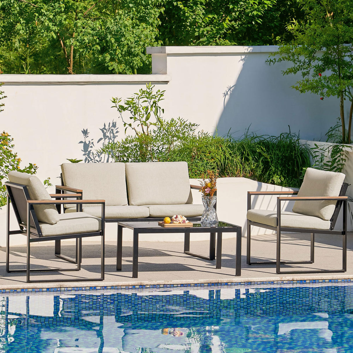 NATURAL EXPRESSIONS 4 Pieces Patio Furniture Sets,Metal Outdoor Patio Furniture Sets,Outdoor Sectional Furniture Patio Conversation Set,Wooden Anti-Scald Armrest,Sling Mesh,4" Olefin Cushions NATURAL EXPRESSIONS