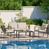 NATURAL EXPRESSIONS 4 Pieces Patio Furniture Sets,Metal Outdoor Patio Furniture Sets,Outdoor Sectional Furniture Patio Conversation Set,Wooden Anti-Scald Armrest,Sling Mesh,4" Olefin Cushions NATURAL EXPRESSIONS