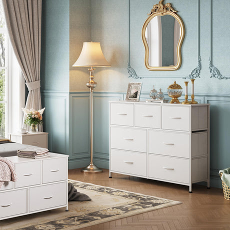 WLIVE Dresser with 7 Drawers, Dressers for Bedroom, Fabric Storage Tower, Hallway, Entryway, Closets, Sturdy Steel Frame, Wood Top, Easy Pull Handle, White WLIVE
