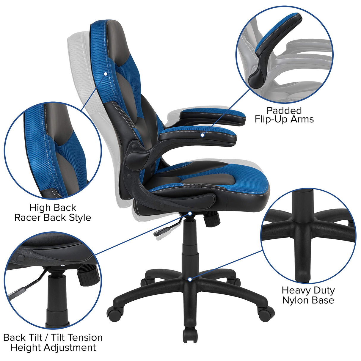 Flash Furniture X10 High-Back LeatherSoft Racing Style Gaming Chair with Flip-Up Arms, Ergonomic Padded Swivel Computer Chair, Blue/Black Flash Furniture