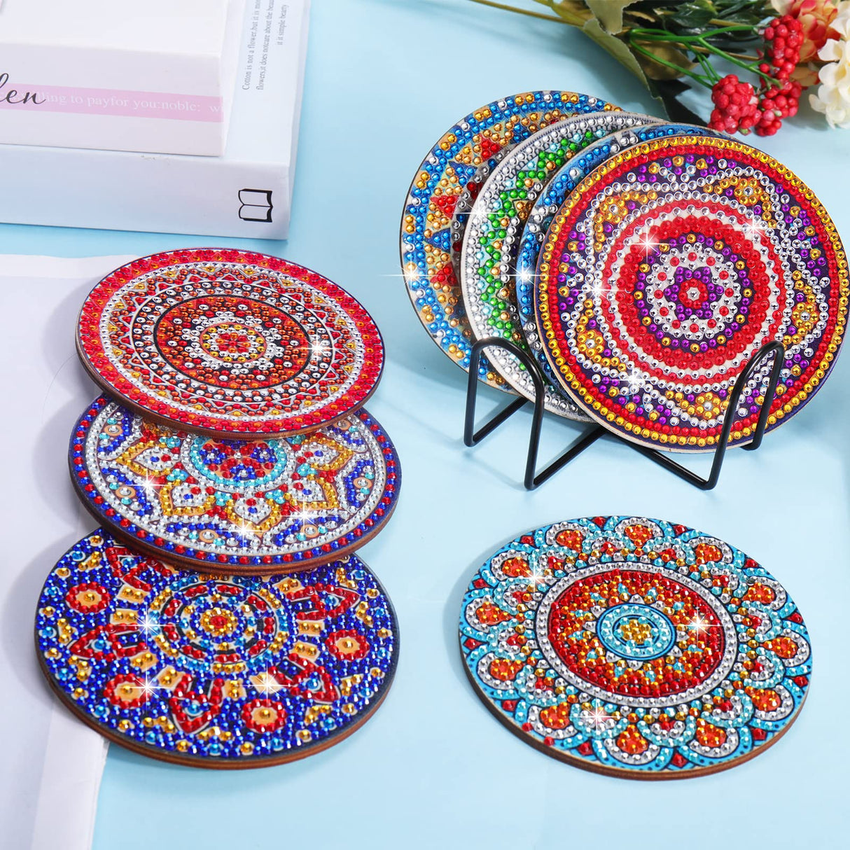 BSRESIN 8 Pcs Coasters with Holder, Mandala DIY Diamond Art Crafts for Adults, Small Diamond Painting Kits Accessories BSRESIN