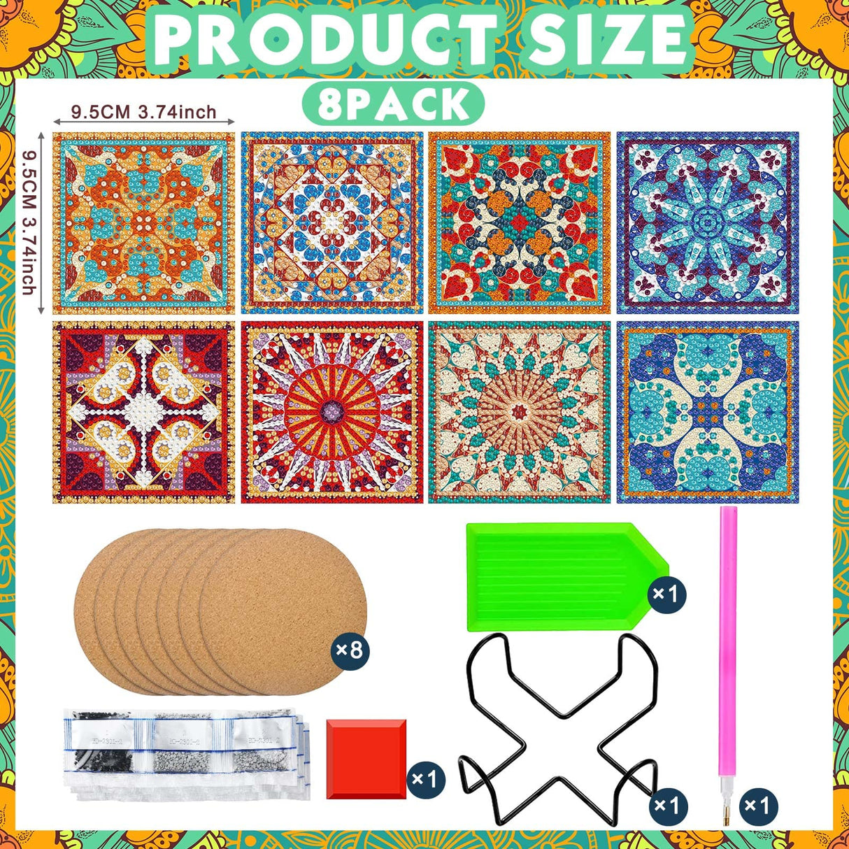 Purpeak 8 Pcs Diamond Coasters Diamond Painting Coasters DIY Mandala Kits with Holder Square Boho Paisley Art 5d Kits for Beginners Adults Craft Purpeak