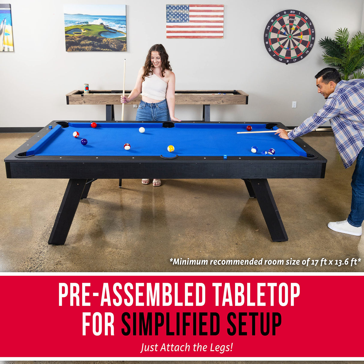 GoSports 8 ft Pool Table with Wood Finish - Modern Billiards Table with 2 Cue Sticks, Balls, Rack, 96"L x 51"W x 31.9"H, Felt Brush and Chalk GoSports