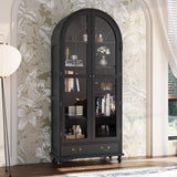 Hitow Curio Cabinet with Glass Doors, Arched Display Cabinet with Drawers & Solid Pine Legs, 34.6" W Arch Bookcase, 5-Tier Black Display Case for Collectibles, Living Room Hitow