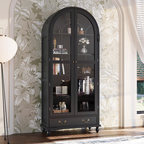 Hitow Curio Cabinet with Glass Doors, Arched Display Cabinet with Drawers & Solid Pine Legs, 34.6" W Arch Bookcase, 5-Tier Black Display Case for Collectibles, Living Room Hitow