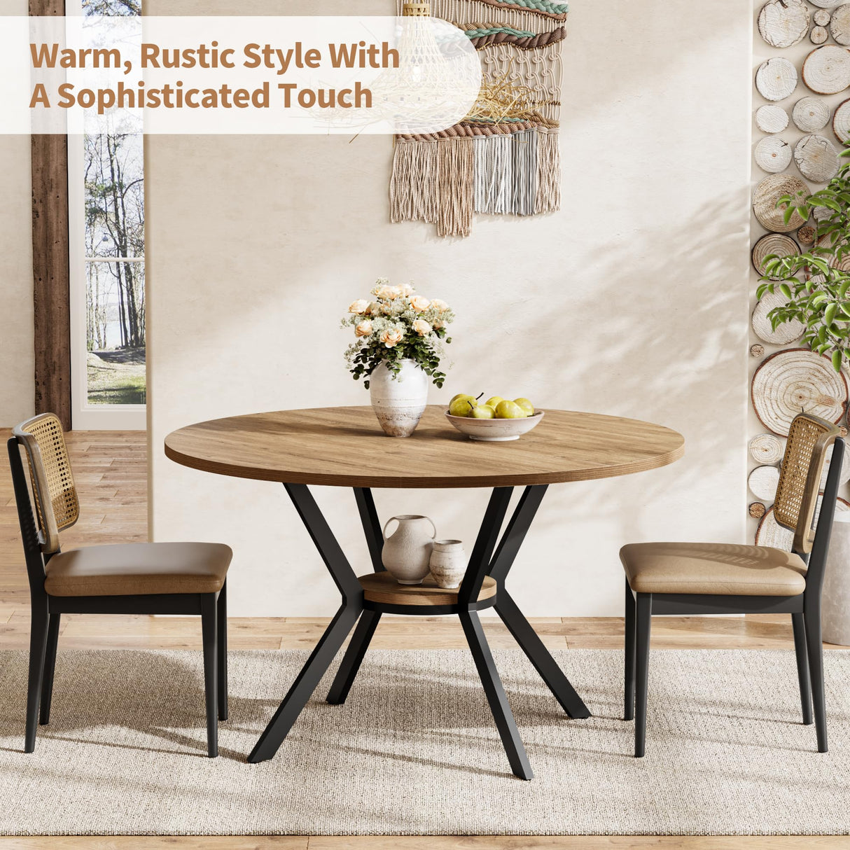 MECHYIN Round Dining Table for 4, 42 Inch Farmhouse Kitchen Table with Storage, Rustic Wooden Circle Dinner Pedestal Table with Metal Legs, Space Saving Kitchen & Dining Room Furniture, Natural Wood MECHYIN