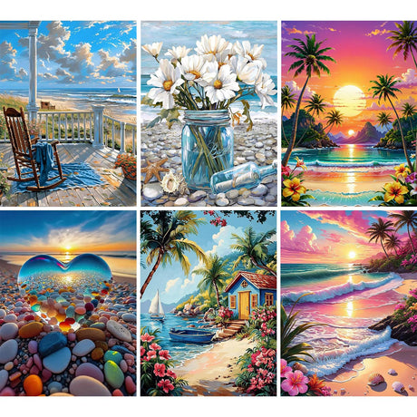 WUDWL Diamond Painting Kits for Adults - 6 Pack Beach DIY 5D Diamond Art Kits Full Drill Diamond Dots Paintings with Diamonds Gem Art and Crafts Home Decor 12x16inch WUDWL