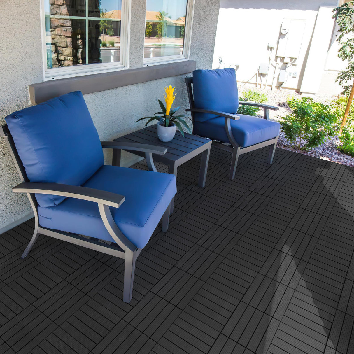 PrimeZone 27 PCS Plastic Interlocking Patio Deck Tiles - 12" x 12" Waterproof Indoor Outdoor Flooring, Patio Floor Decking for Balcony, Backyard, Garden & Poolside, All Weather Use, Dark Grey PrimeZone