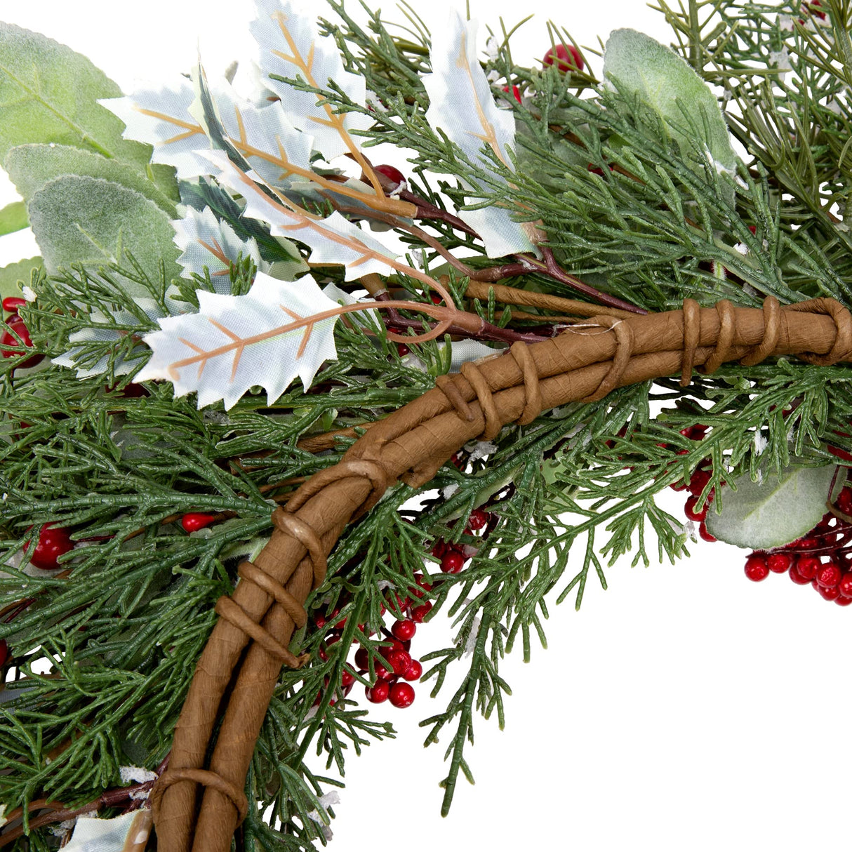 Skrantun 20 Inch Artificial Christmas Wreath Door Wreath with Lambs Ear Leaves Winter Wreath with Artificial Snow and Red Berries Christmas Decorations with Pine Needles for Home Wall Window Decor Skrantun