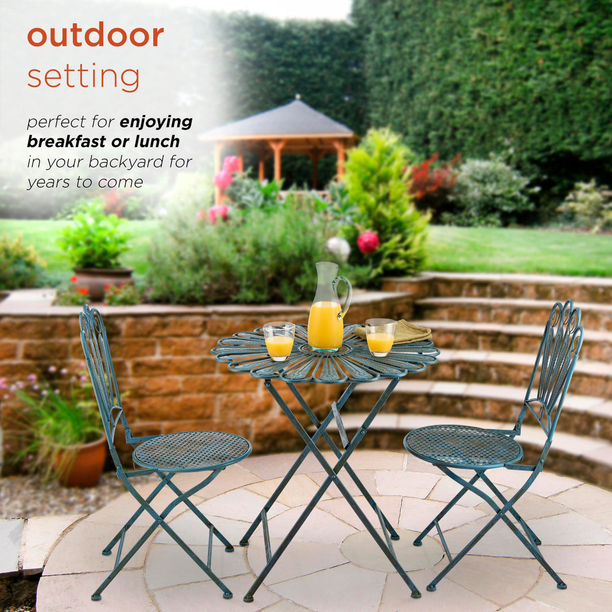 Alpine Corporation Indoor/Outdoor 3-Piece Peacock Feather Rustic Metal Bistro Set Patio Seating, Light Blue Alpine Corporation