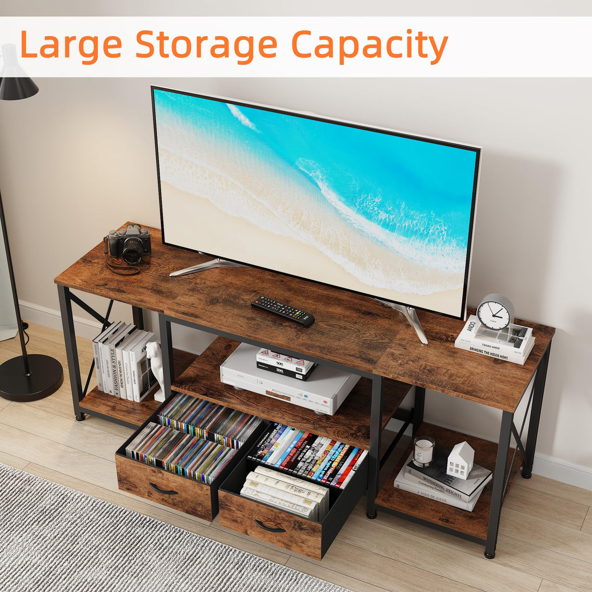 GYIIYUO TV Stand with Fabric Drawers for 65 70 75 Inches TV - Entertainment Center and Industrial TV Console Table with Open Storage Shelves for Living Room, Bedroom - 63" Rustic Brown GYIIYUO