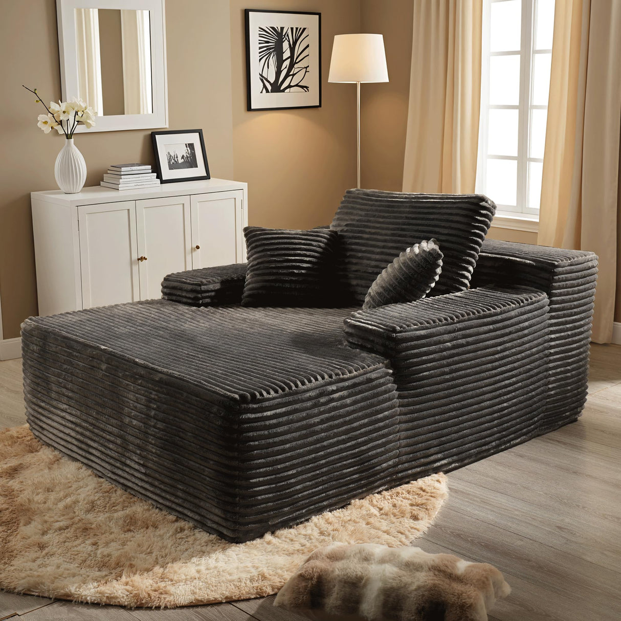 ovios 67''x48'' Chaise Lounge Chair Indoor, Upholstered Sofa Bed with 2 Throw Pillows and Armrests, Comfy Fluffy Plush Oversized Sleeper Couch for Living Room, Grey ovios