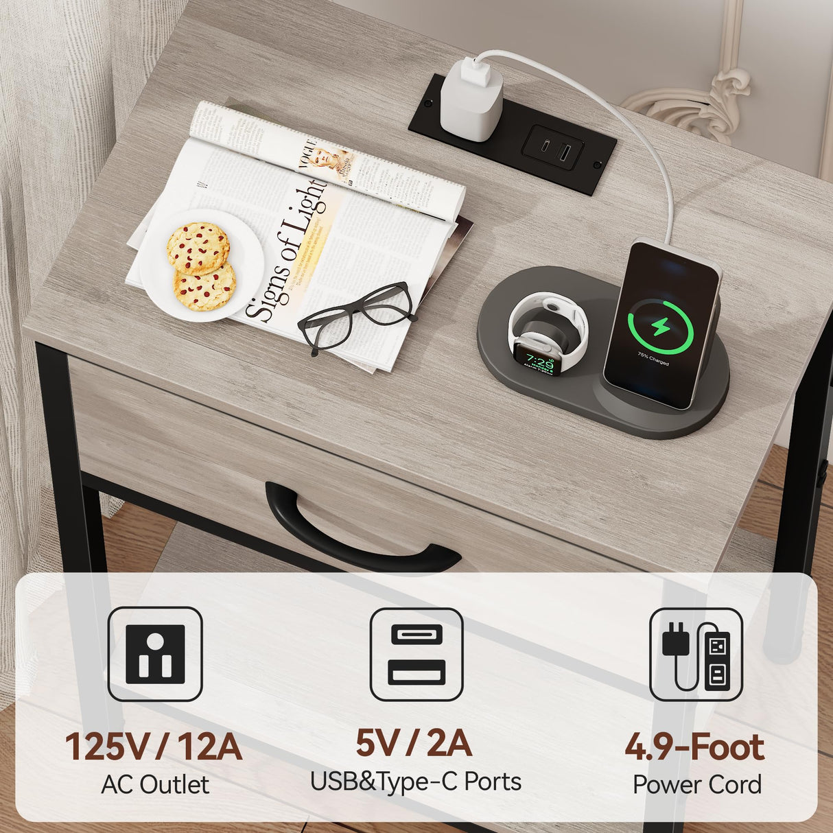 Vagusicc Nightstand Set of 2 with Charging Station, Bed Side Table with Fabric Drawer, Small End Table with 2-Tier Storage Shelves, 25.4" Tall Night Stand Bedside Table for Bedroom Living Room, Greige Vagusicc