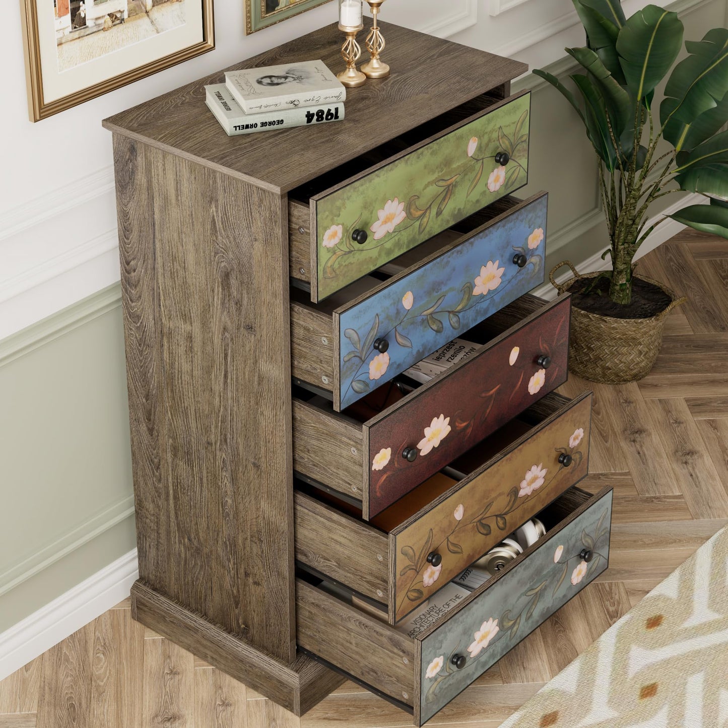 finetones 5 Drawer Dresser, Wood Dresser Boho Dresser Chest of Drawers, Tall Dresser with Large Storage Space, 16.3D x 23.6W x 39.4H Inch Wood Dresser Accent Dresser for Home Office - WoodArtSupply