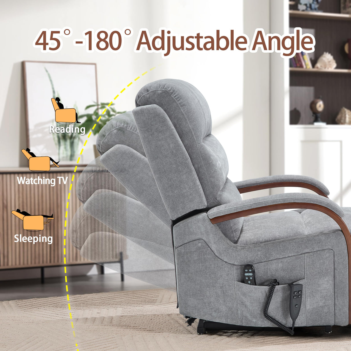 Power Lift Recliner Chair for Elderly People, Dual Motor Lift Chair with Vibration Massage and Heat, Lay Flat Recliner with Solid Wood Armrest, Standing Assistance Reclining, Chenille Fabric Gray EZZUP