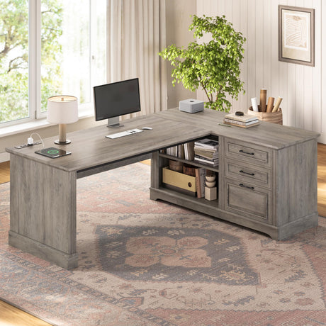 SEDETA Executive Desk, 61" Farmhouse L Shaped Desk with File Drawers, Office Desk with Drawers and Power Outlets, Computer Desk with Storage Shelves for Home Office, Grey SEDETA