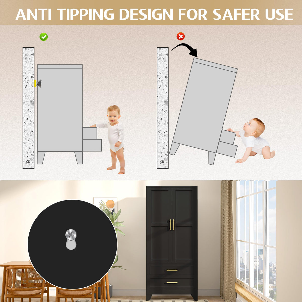 GAIOUS Steel Armoire Wardrobe Closet, 71" Metal Clothing Storage Cabinets with 2 Doors, 1 Adjustable Shelf and 2 Drawers, Metal Wardrobe Cabinet with Hanging Rod for Bedroom, Gym, Cloak Room (Black) GAIOUS