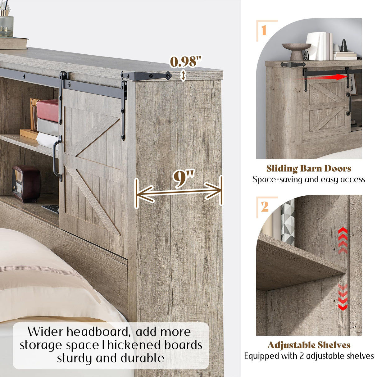 AMERLIFE Farmhouse Full Bed Frame with Storage Headboard & Charging Station, Rustic Wood Platform Bed with Barn Door Bookcase, No Box Spring Needed, Light Grey Bedroom Furniture AMERLIFE