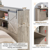 AMERLIFE Farmhouse Full Bed Frame with Storage Headboard & Charging Station, Rustic Wood Platform Bed with Barn Door Bookcase, No Box Spring Needed, Light Grey Bedroom Furniture AMERLIFE