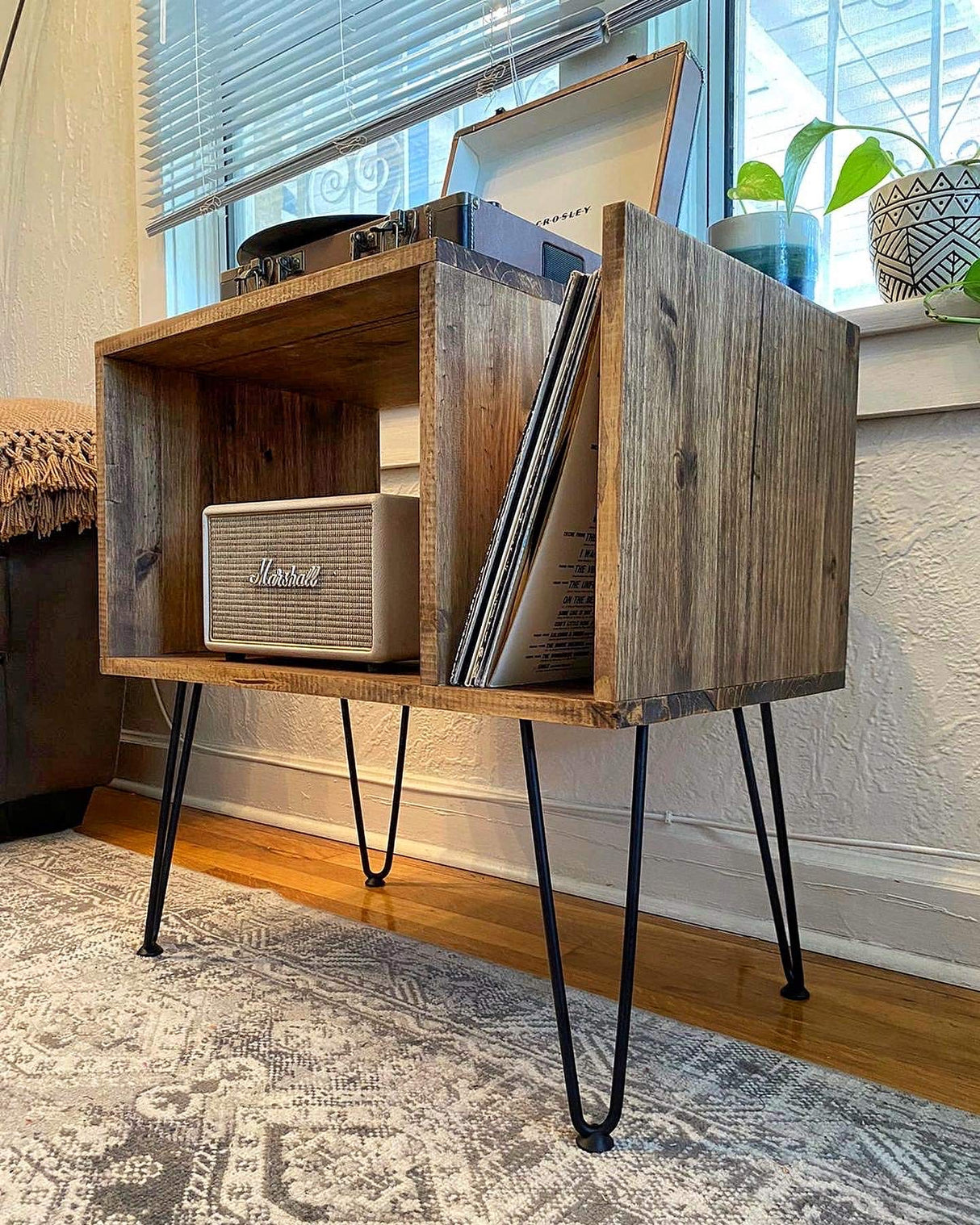 Table For Record Player Stand Cabinet MCM Mid Century Modern with Hairpin Legs WoodArtSupply