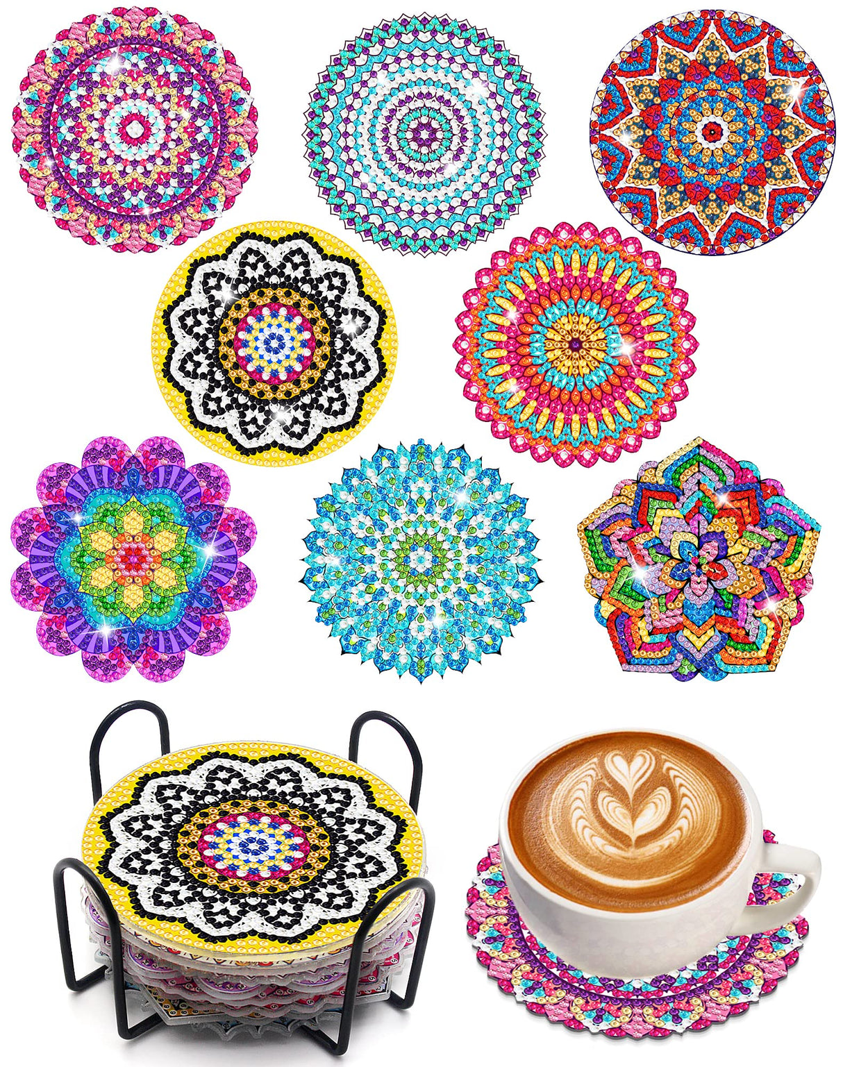 Benvo 8 Pcs Diamond Painting Coasters Kit Mandala Cup Coasters DIY Diamond Art Kits with Diamond Painting Pens, Holders, Cork Base for Beginners Adults and Kids Art Craft Supplies Gift (Mandala B) Benvo