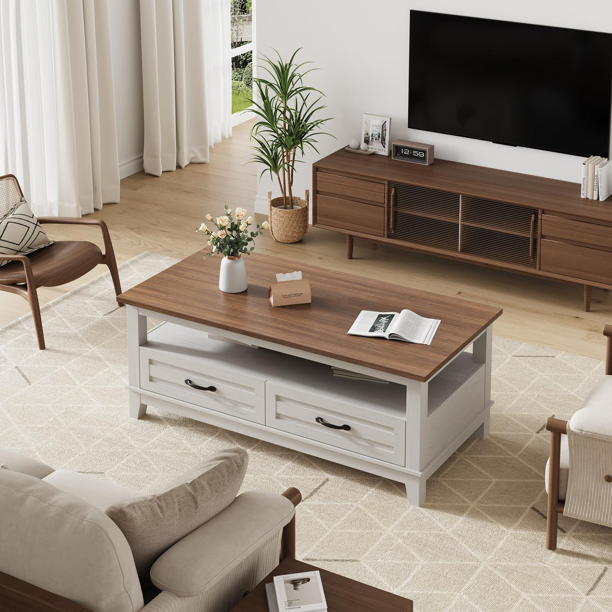 GarveeHome Farmhouse Coffee Table with Drawers, 47.2" Center Table Rustic Coffee Tables White Brown Living Room Table, with Open Shelf and 6 Support Legs GarveeHome