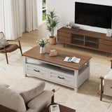GarveeHome Farmhouse Coffee Table with Drawers, 47.2" Center Table Rustic Coffee Tables White Brown Living Room Table, with Open Shelf and 6 Support Legs GarveeHome