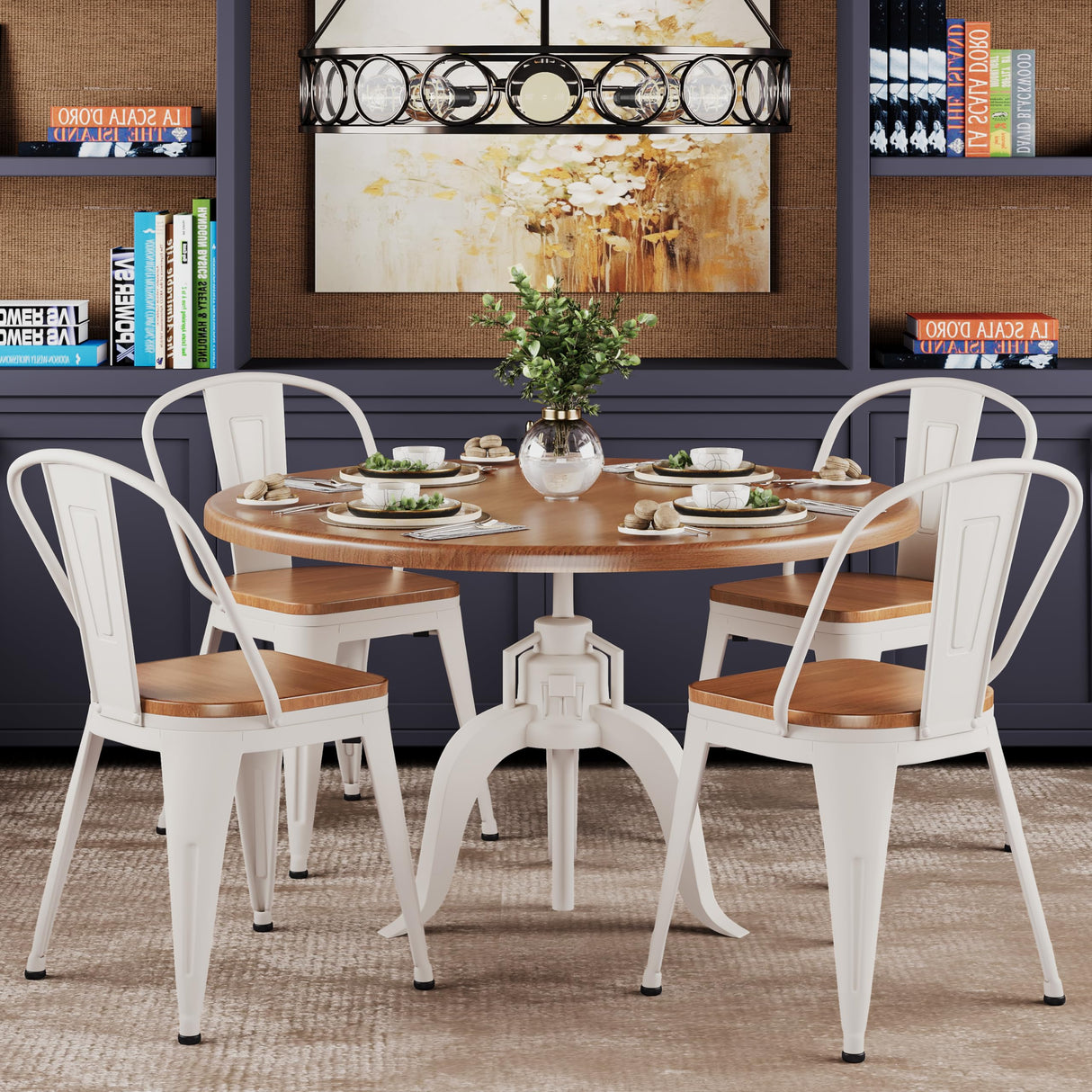 Alunaune 18inch Metal Dining Chair Set of 4 High Back Classic Chic Iron Farmhouse Chairs Industrial Stackable Coffee Stools Bistro Cafe Side Barstools Wood Seat-White Alunaune