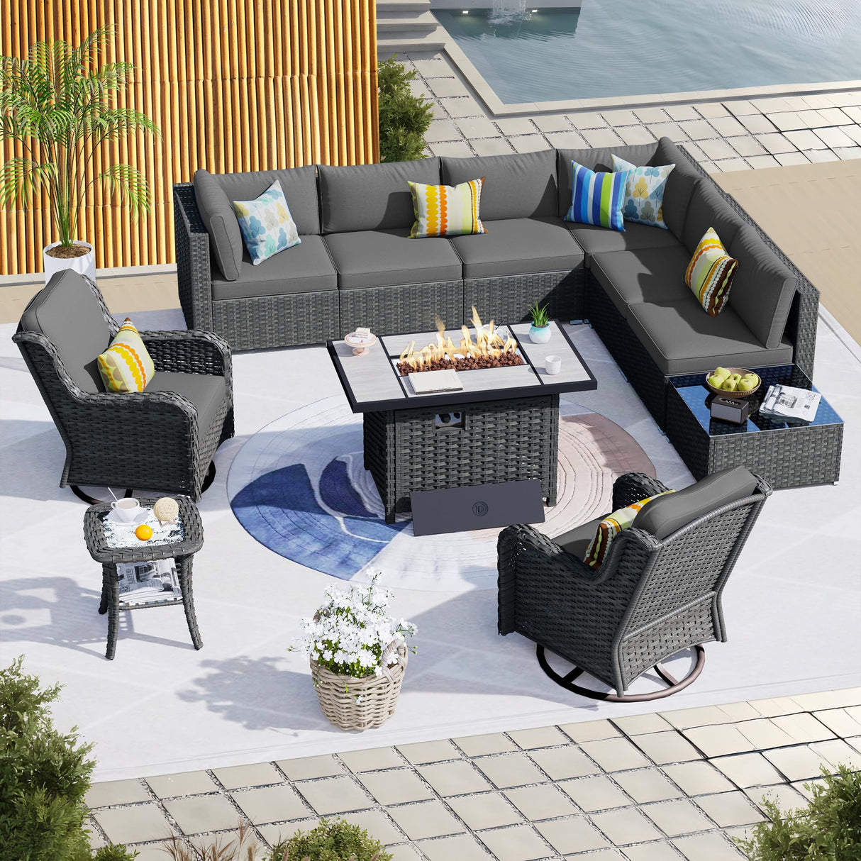 HOOOWOOO Patio Outdoor Sectional Furniture Sofa Set with Fire Pit Table,11 Piece L Shaped Wicker Couch Set with Swivel Chairs,Modern 8 Persons Summer Patio Conversation Set(Charcoal Gray) HOOOWOOO