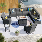 HOOOWOOO Patio Outdoor Sectional Furniture Sofa Set with Fire Pit Table,11 Piece L Shaped Wicker Couch Set with Swivel Chairs,Modern 8 Persons Summer Patio Conversation Set(Charcoal Gray) HOOOWOOO