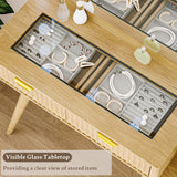 Fluted Vanity Desk with Mirror and Lights, 45" Glass Top Makeup Table Set with 5 Drawers, Power Outlet & Storage Cabinet, Large Dressing Table with RGB Ambient Light for Bedroom Women Girls, Oak Xixini