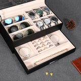 LANDICI Watch Box for Men Women 2 Layer PU Leather Watch Organizer Storage Case,Large Jewelry Box Watch Holder Organizer Display for Watch Sunglasses Bracelet Necklace Ring,Black & Apricot LANDICI