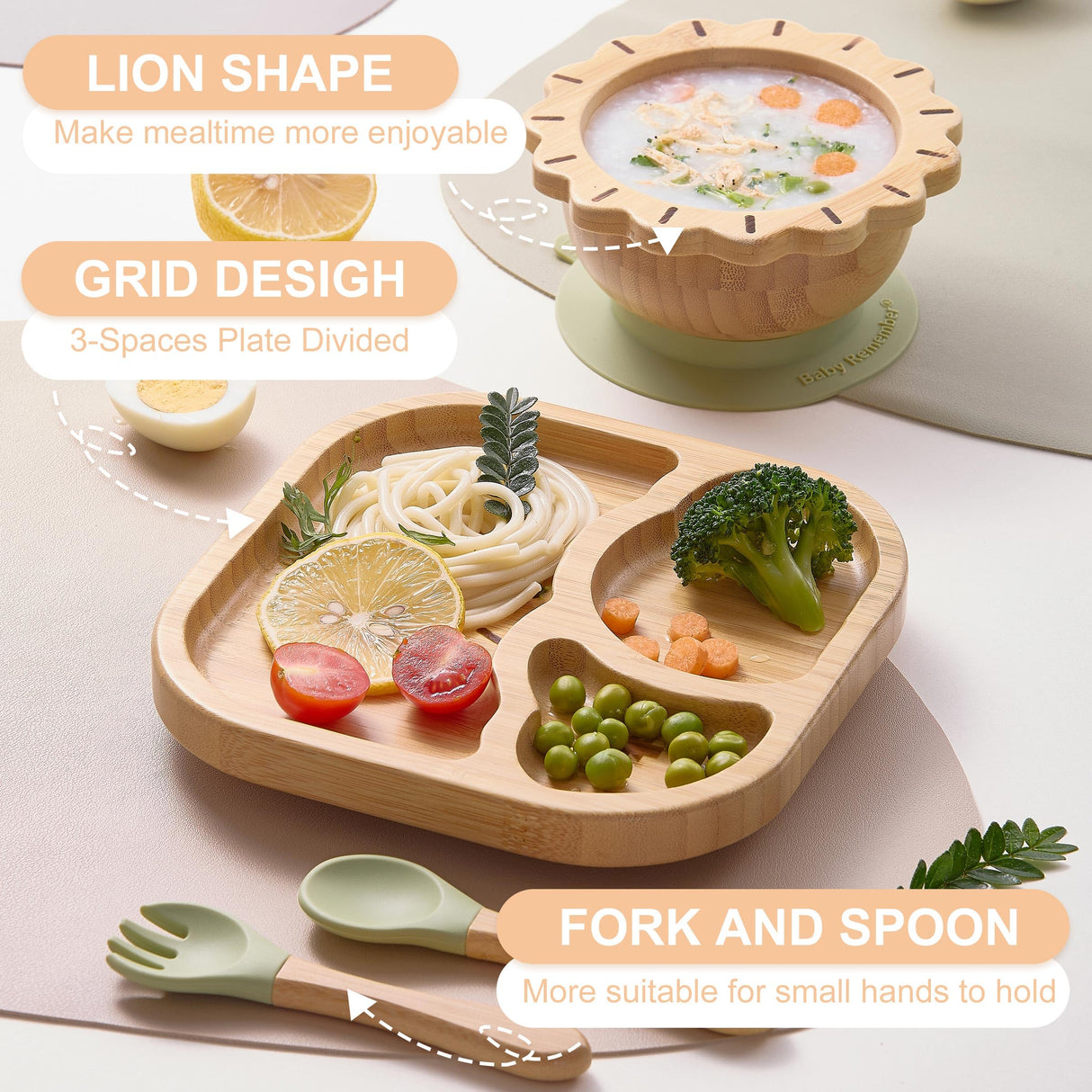 BABY REMEMBER Suction Plates Bowls Set for Baby Toddler Non-Toxic Bamboo Feeding Set with Silicone Fork & Spoon (Green Feeding Set) BABY REMEMBER